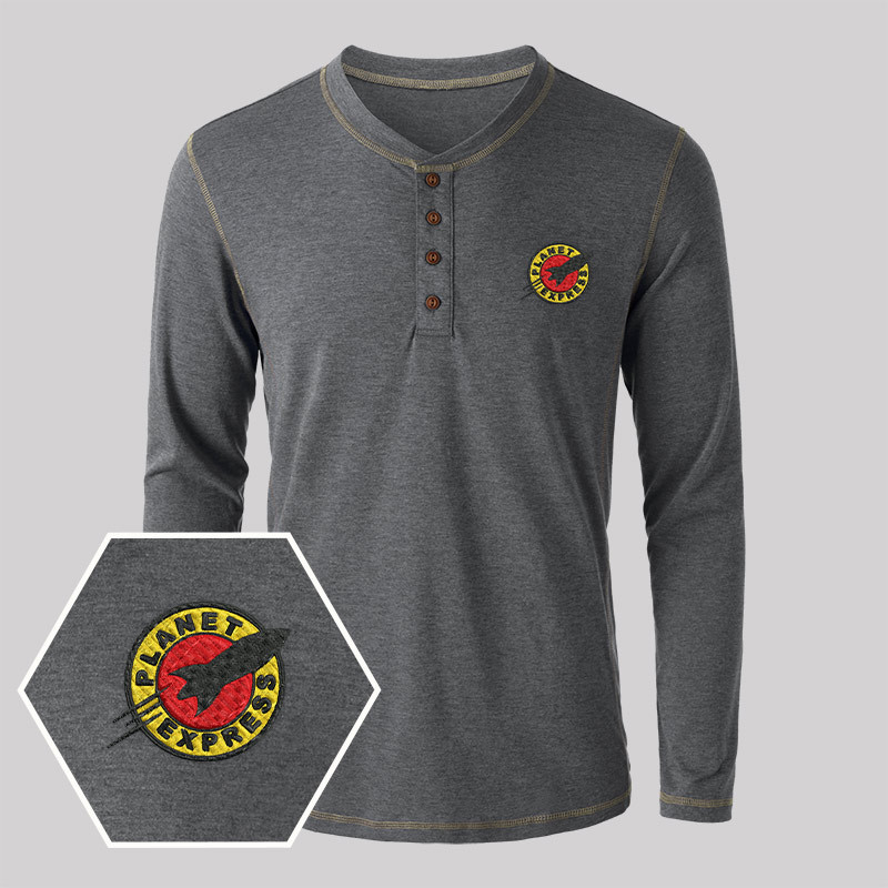 Planet Express Embroidered Long Sleeve Henley Shirts