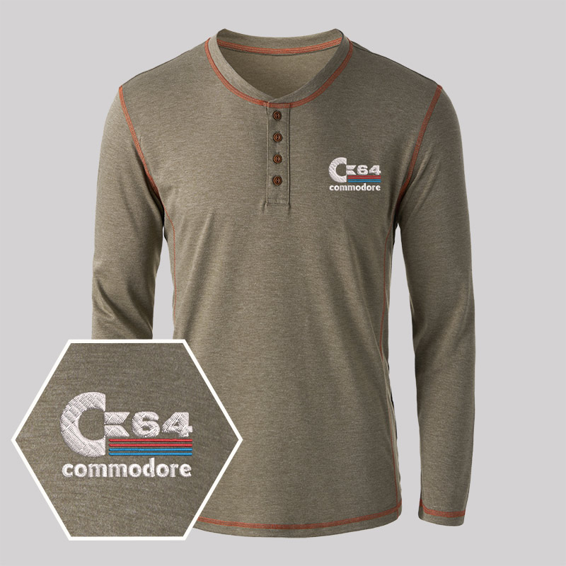 C64 Embroidered Long Sleeve Henley Shirts