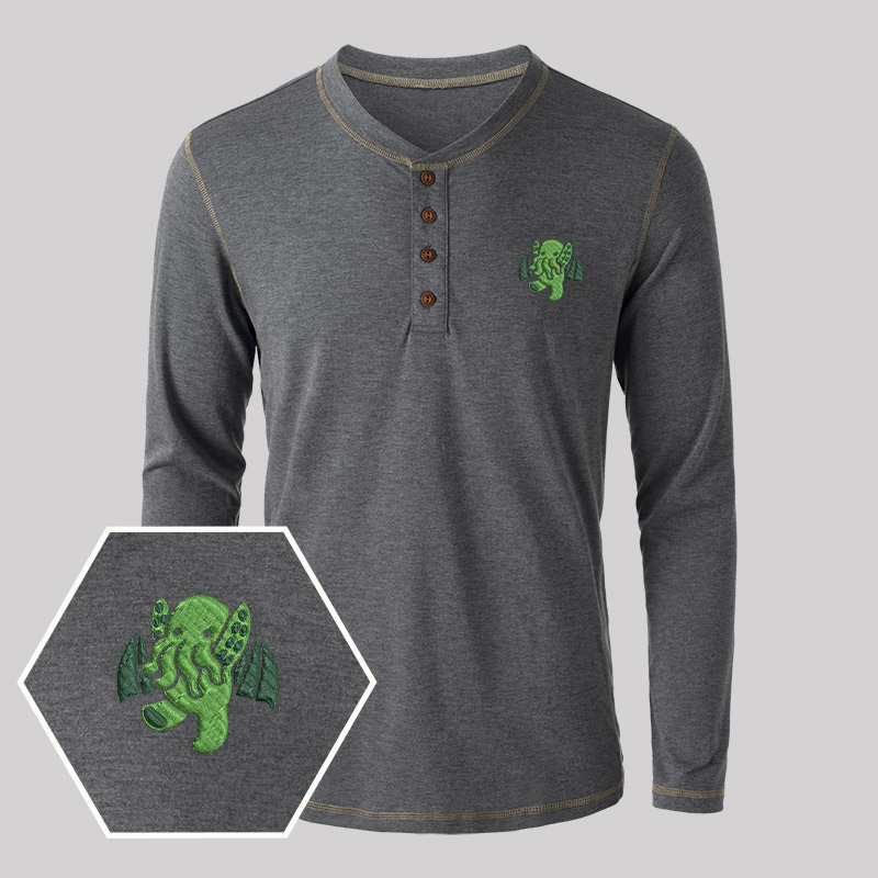 Cthulhu Geek Embroidered Long Sleeve Henley Shirts
