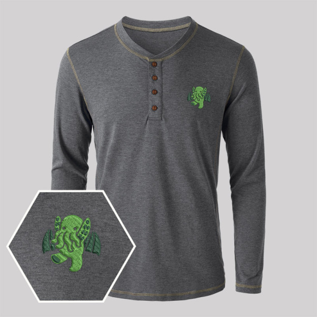 Cthulhu Geek Embroidered Long Sleeve Henley Shirts