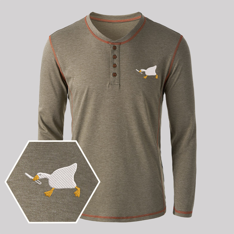 Knife Goose Geek Embroidered Long Sleeve Henley Shirts