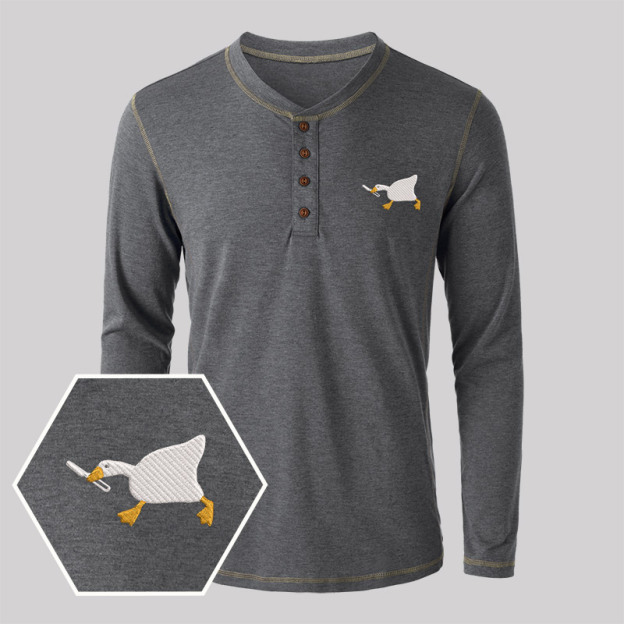 Knife Goose Geek Embroidered Long Sleeve Henley Shirts