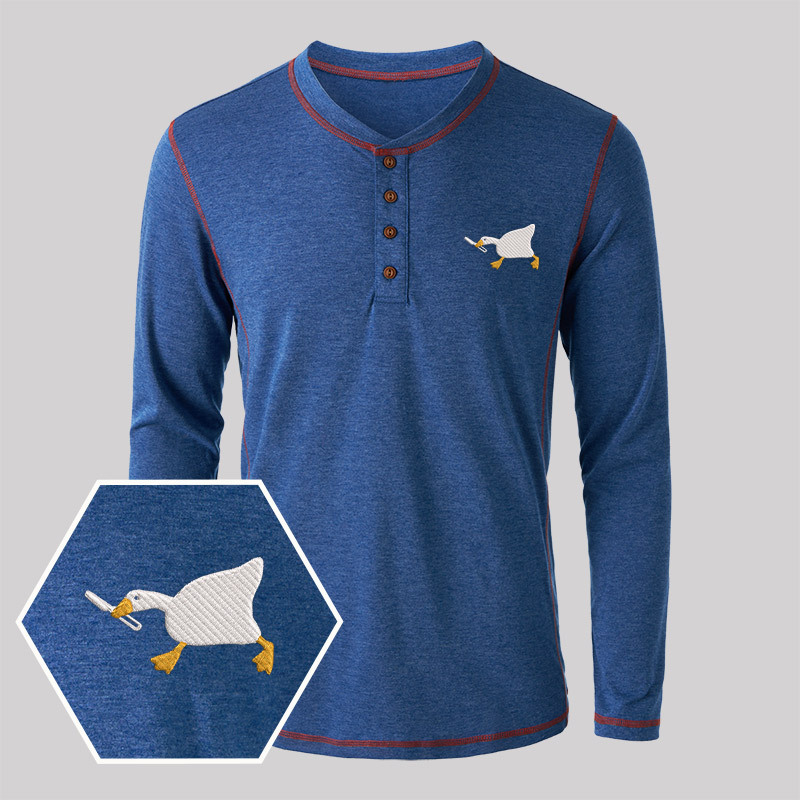 Knife Goose Geek Embroidered Long Sleeve Henley Shirts