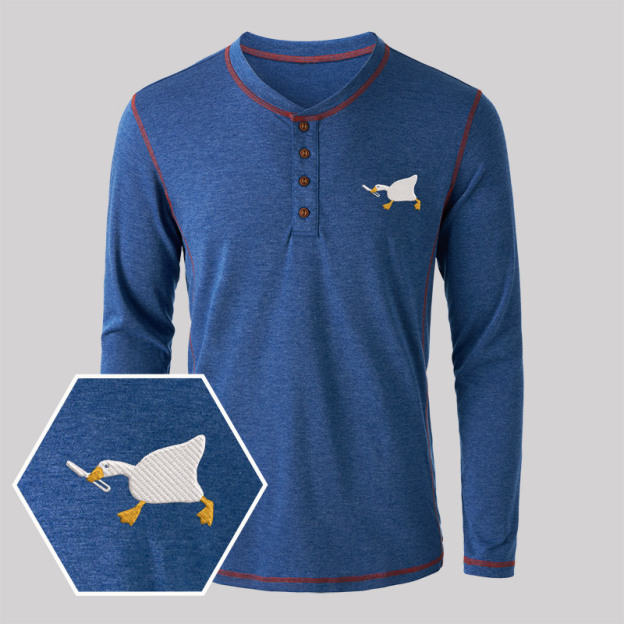 Knife Goose Geek Embroidered Long Sleeve Henley Shirts