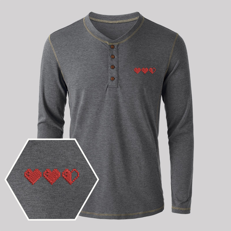 Pixel Hearts Geek Embroidered Long Sleeve Henley Shirts