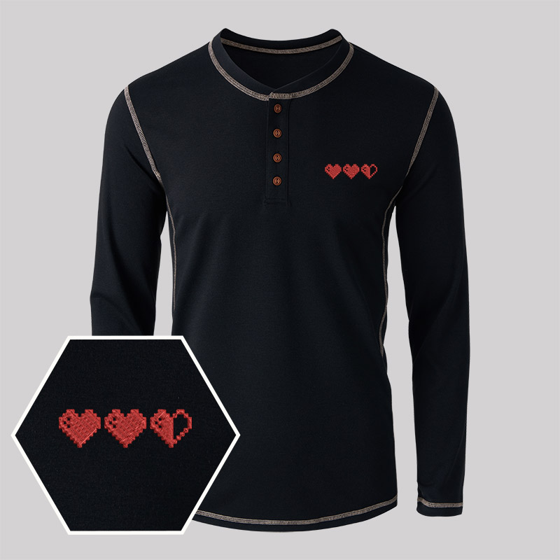 Pixel Hearts Geek Embroidered Long Sleeve Henley Shirts