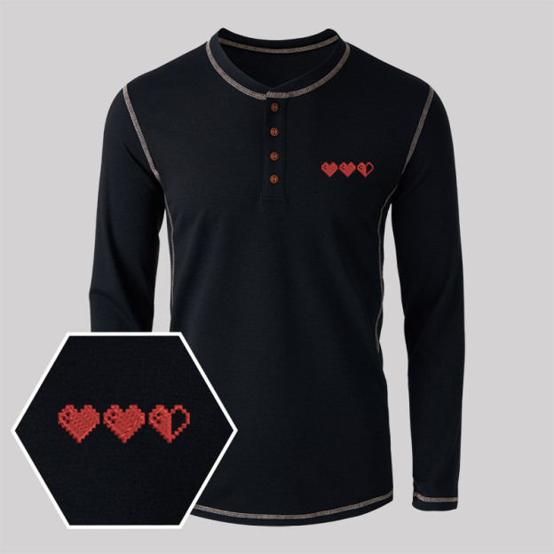 Pixel Hearts Geek Embroidered Long Sleeve Henley Shirts