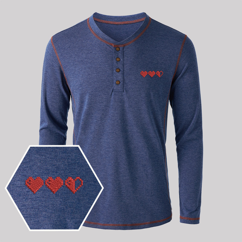 Pixel Hearts Geek Embroidered Long Sleeve Henley Shirts