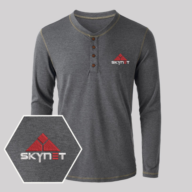 Skynet Core Geek Embroidered Long Sleeve Henley Shirts