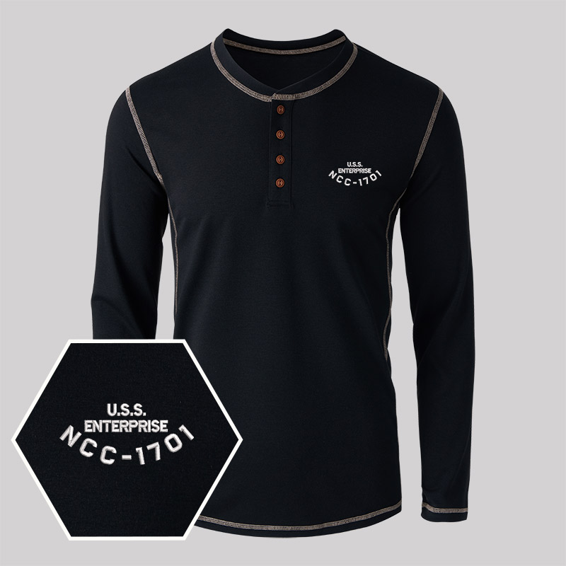 U.S.S. Enterprise NCC-1701 Geek Embroidered Long Sleeve Henley Shirts