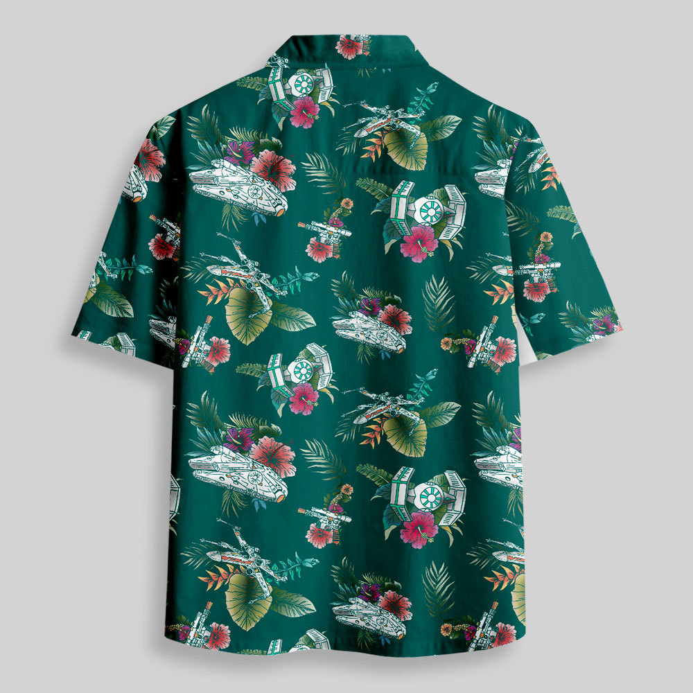 Space Fighter Tropical Flowers Button Up Pocket Shirt