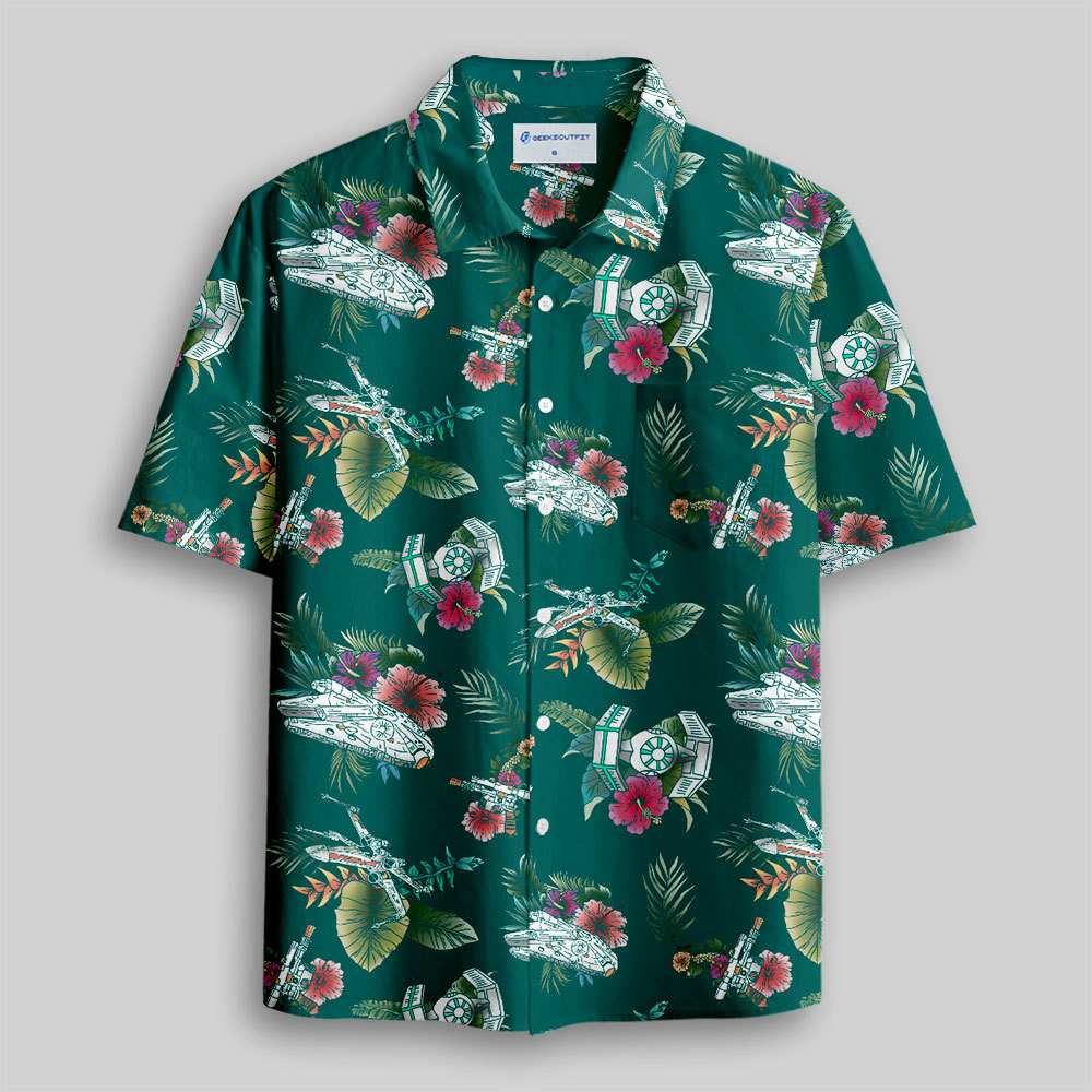 Space Fighter Tropical Flowers Button Up Pocket Shirt