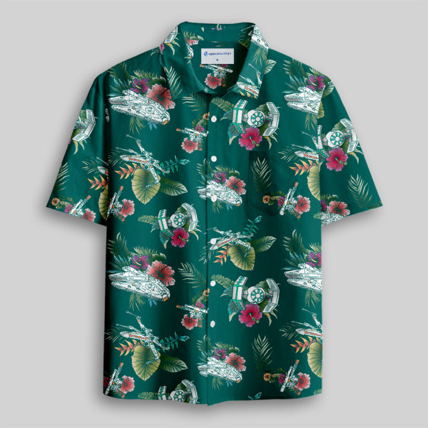 Space Fighter Tropical Flowers Button Up Pocket Shirt