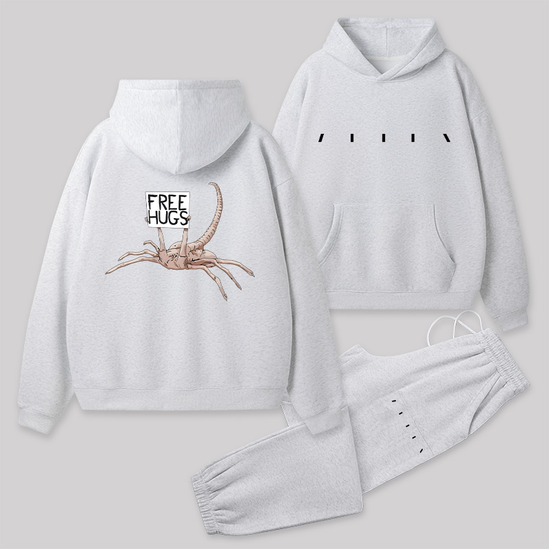 Free Hugs Alien Front and Back Printed Geek Fleece Hoodie Set
