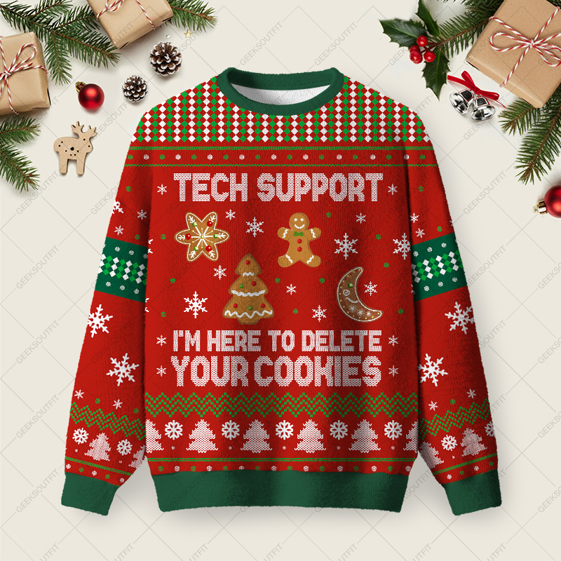 Tech Support Computer Programmer Red Ugly Christmas Fuzzy Fleece Sweatshirt