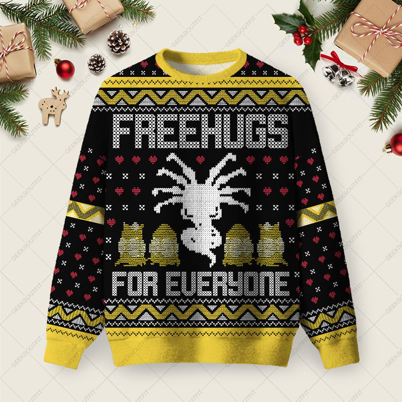 Geeksoutfit Free Hugs For Everyone Ugly Christmas Fuzzy Fleece Sweatshirt for Sale