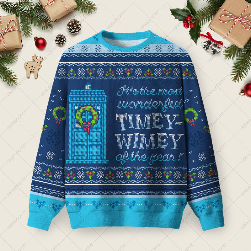 Geeksoutfit Timey Wimey Blue Ugly Christmas Fuzzy Fleece Sweatshirt for Sale