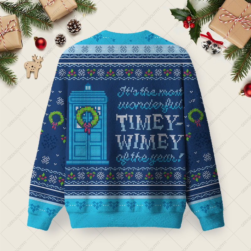 Timey Wimey Blue Ugly Christmas Fuzzy Fleece Sweatshirt