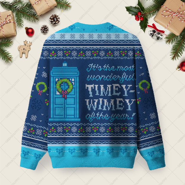 Timey Wimey Blue Ugly Christmas Fuzzy Fleece Sweatshirt