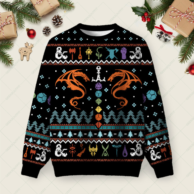 Geeksoutfit DND Dragon Dice Weapon Black Ugly Christmas Fuzzy