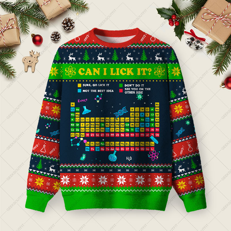 Can I Lick It Periodic Table Ugly Christmas Fuzzy Fleece Sweatshirt