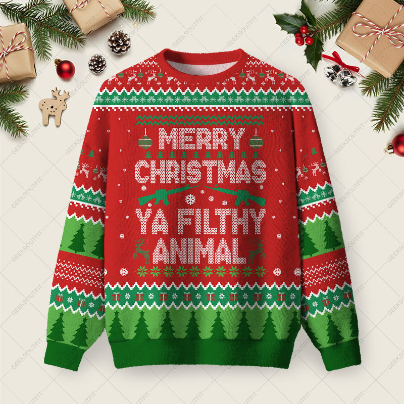 Geeksoutfit Merry Christmas Ya Filthy Animal Ugly Christmas Fuzzy Fleece Sweatshirt for Sale