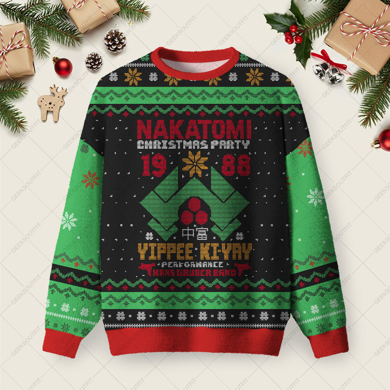 Geeksoutfit NAKATOMI Christmas Party 1988 Ugly Christmas Fuzzy Fleece Sweatshirt for Sale
