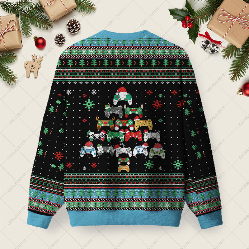 Gamepad Christmas Tree Ugly Christmas Fuzzy Fleece Sweatshirt