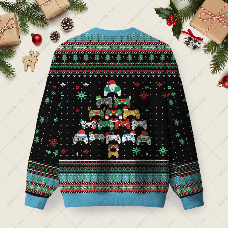Gamepad Christmas Tree Ugly Christmas Fuzzy Fleece Sweatshirt