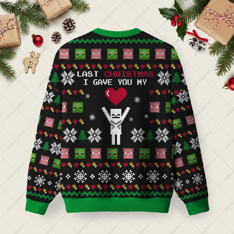 Last Christmas I Give You My World Black Ugly Christmas Fuzzy Fleece Sweatshirt