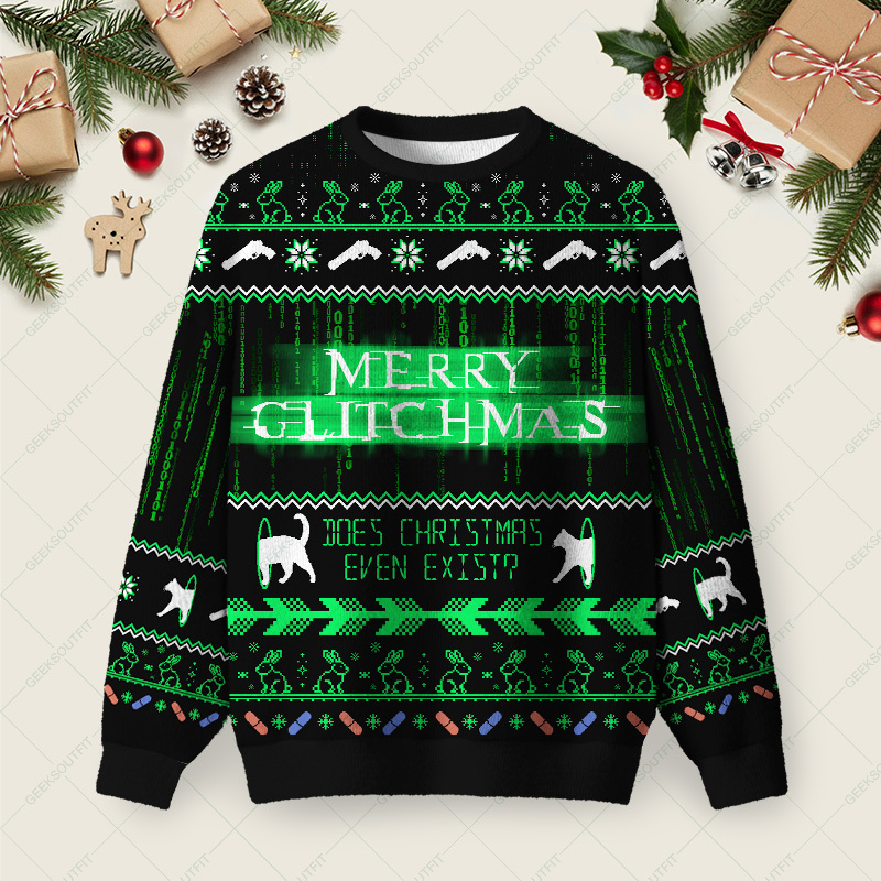 Geeksoutfit The Matrix Black Green Ugly Christmas Fuzzy Fleece Sweatshirt for Sale