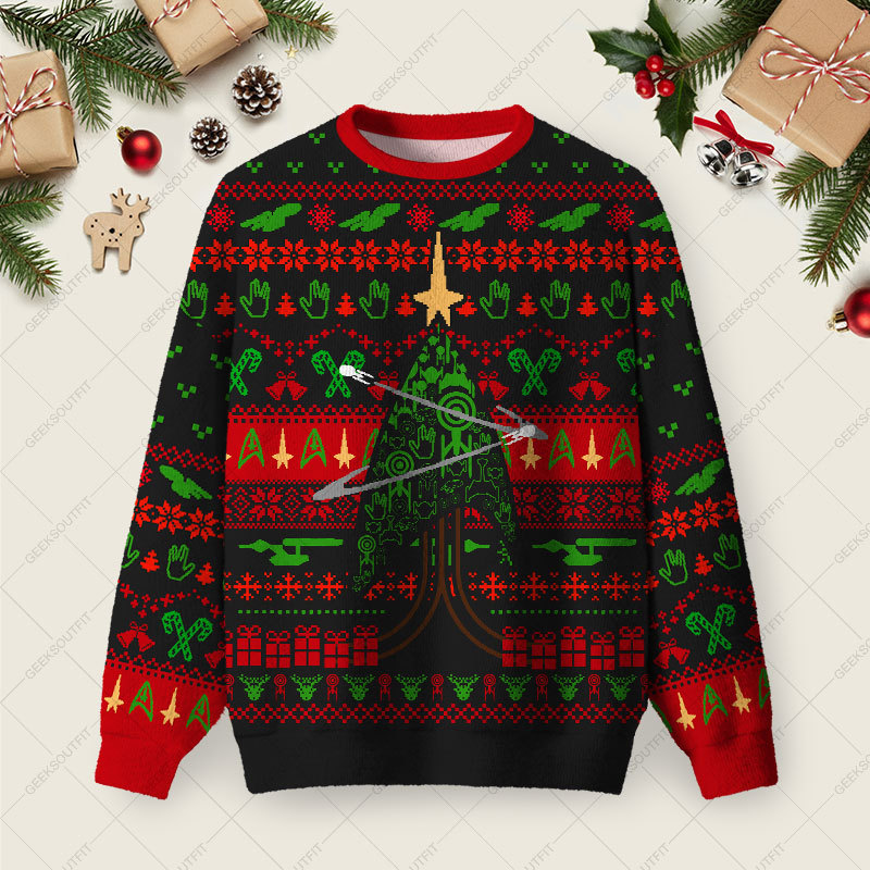 Geeksoutfit Starship Universe Black Ugly Christmas Fuzzy Fleece Sweatshirt for Sale