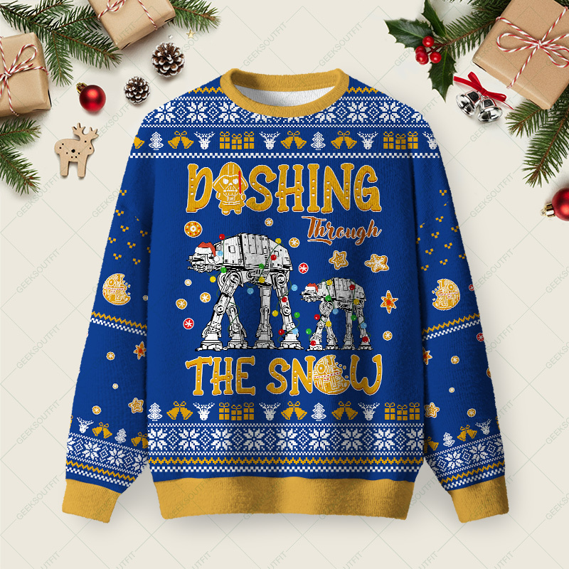 Geeksoutfit AT Walker Dashing Through The Snow Blue Ugly Christmas Fuzzy Fleece Sweatshirt for Sale