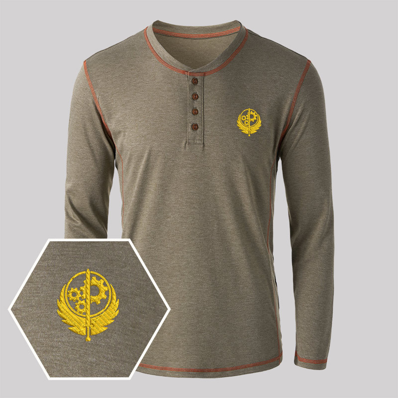 Brotherhood of Steel Geek Embroidered Long Sleeve Henley Shirts