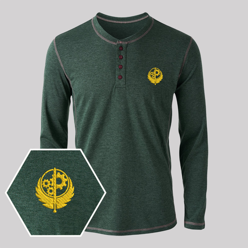 Brotherhood of Steel Geek Embroidered Long Sleeve Henley Shirts