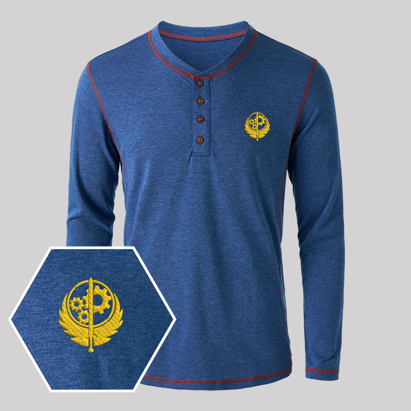 Brotherhood of Steel Geek Embroidered Long Sleeve Henley Shirts