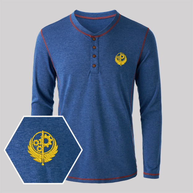 Brotherhood of Steel Geek Embroidered Long Sleeve Henley Shirts