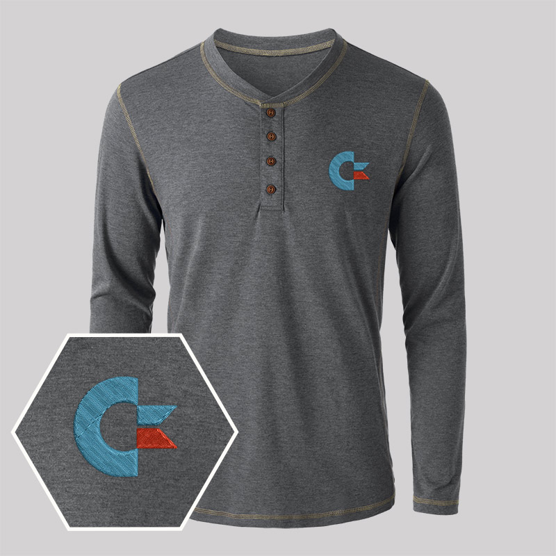 Commodore Geek Embroidered Long Sleeve Henley Shirts
