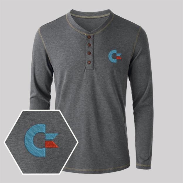 Commodore Geek Embroidered Long Sleeve Henley Shirts