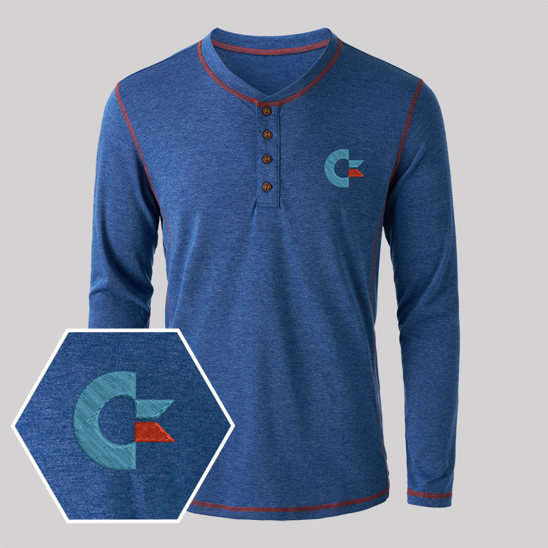 Commodore Geek Embroidered Long Sleeve Henley Shirts