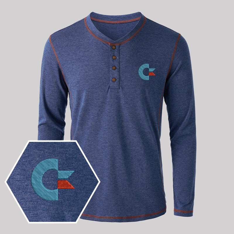Commodore Geek Embroidered Long Sleeve Henley Shirts