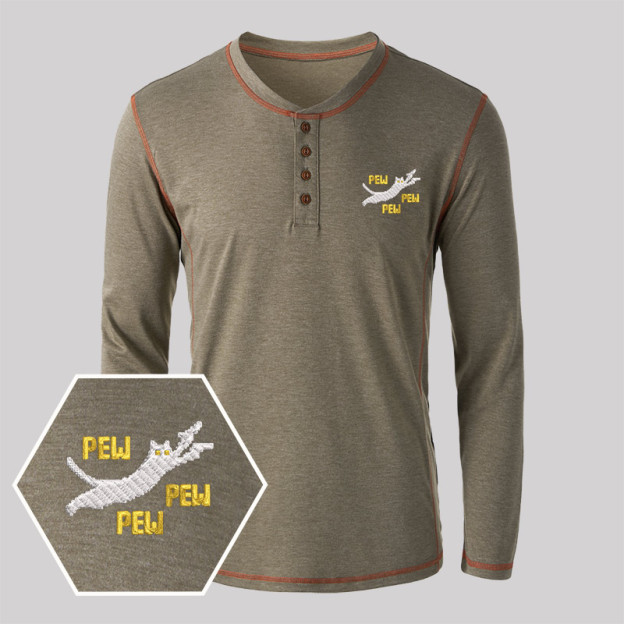 Pew Pew Pew Cat Geek Embroidered Long Sleeve Henley Shirts