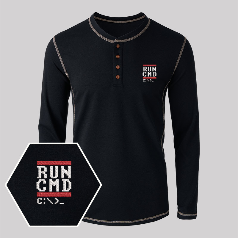Run CMD Geek Embroidered Long Sleeve Henley Shirts