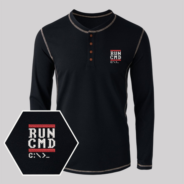 Run CMD Geek Embroidered Long Sleeve Henley Shirts
