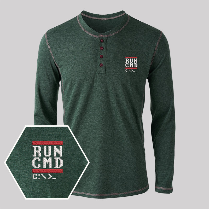 Run CMD Geek Embroidered Long Sleeve Henley Shirts