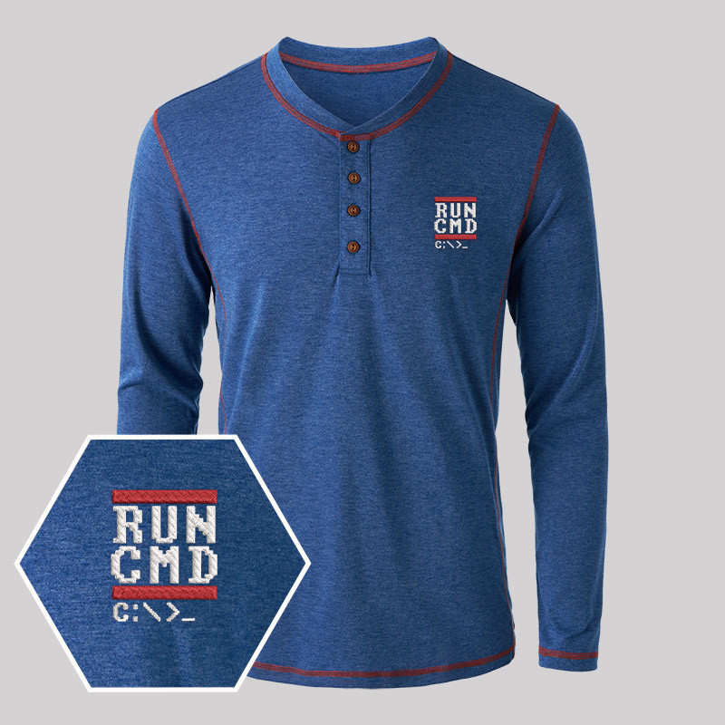 Run CMD Geek Embroidered Long Sleeve Henley Shirts
