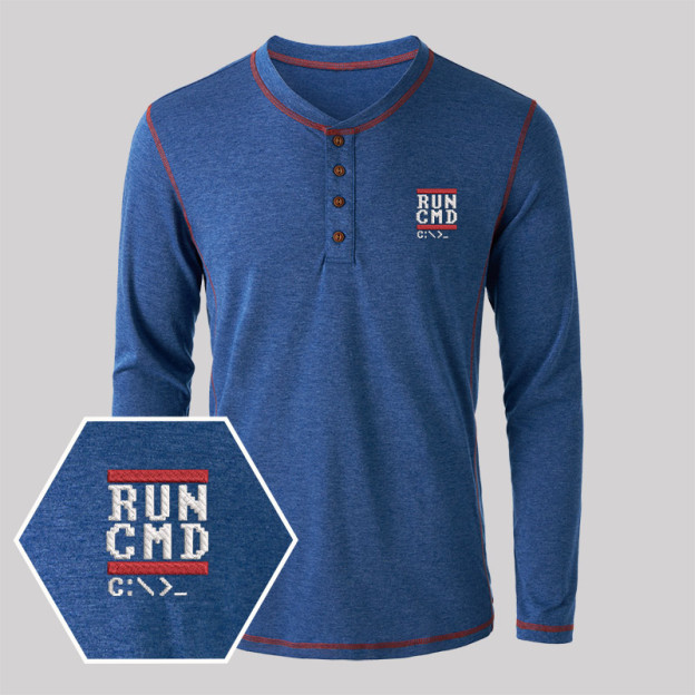 Run CMD Geek Embroidered Long Sleeve Henley Shirts