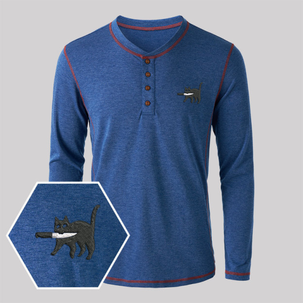 Samurai Cat Geek Embroidered Long Sleeve Henley Shirts