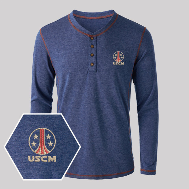 USCM Geek Embroidered Long Sleeve Henley Shirts