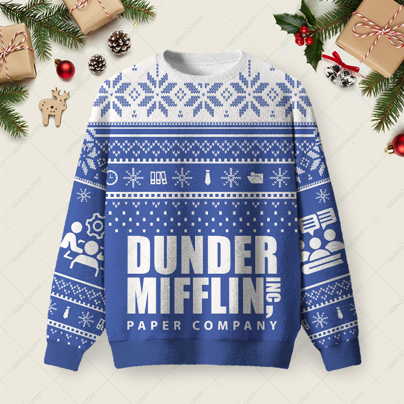 Dunder Mifflin Holiday Spirit Blue Ugly Christmas Fuzzy Fleece Sweatshirt